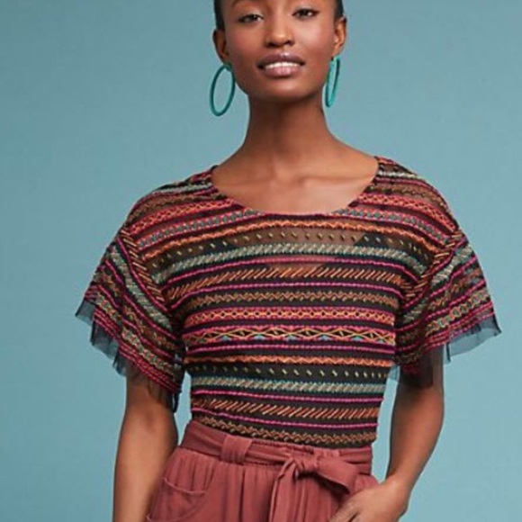 Anthropologie Tops - Anthropologie Maeve Sheer Black Top Embroidery S